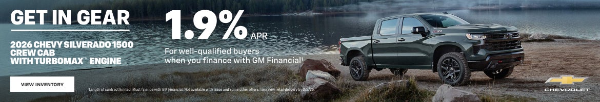 2026 Chevy Silverado 1500 Crew Cab with TurboMax Engine. 1.9% APR for well-qualified buyers when financing with GM Financial.