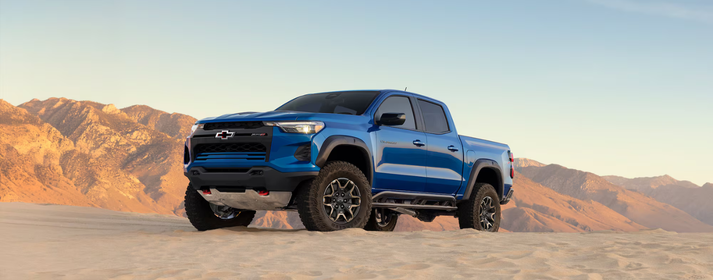 Blue 2026 Chevy Colorado ZR2 parked at an angle on sand